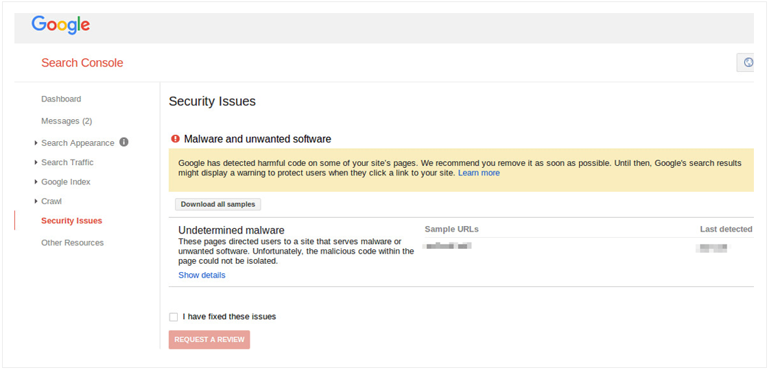 Google Search Console Malware Security Alert